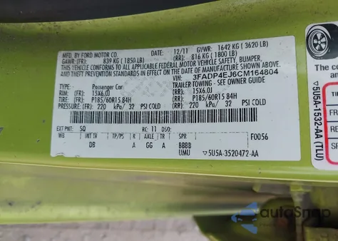 2012 Ford Fiesta Se from USA, damaged, VIN 3FADP4EJ6CM164804